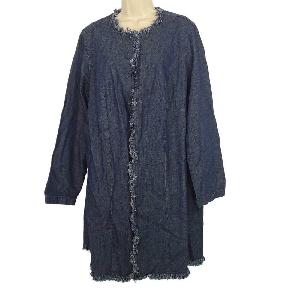 Jessica London Open Front Denim Jacket Fringe Edges Women Plus Size 20W Long Slv